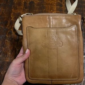 Leather coach camel swing pack side bag